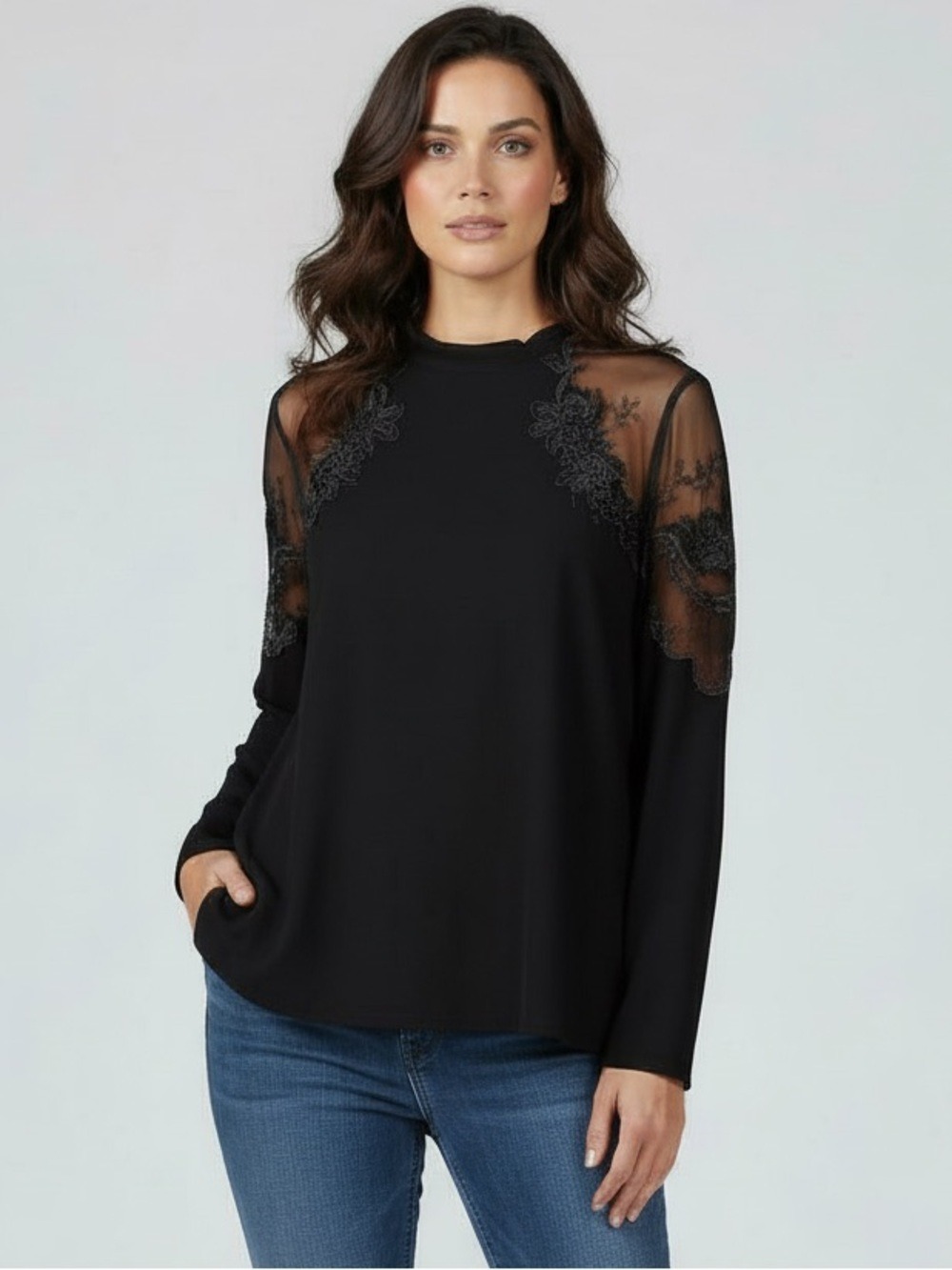 Free People Daniella Top, shoulders sheer mesh floral embroidered accents Sz L - Picture 1 of 9